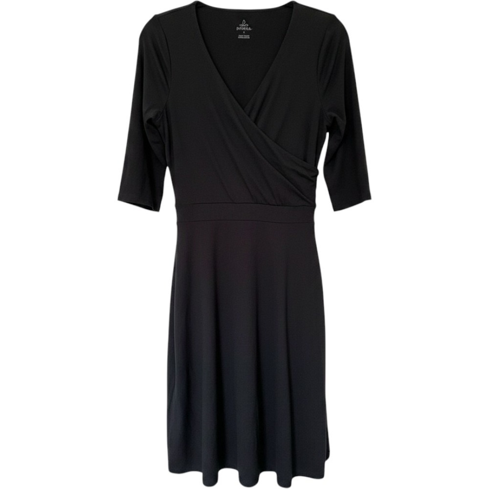 Prana Black Faux Wrap Dress V Neck 3/4 Sleeve Travel Stretch Performance Small